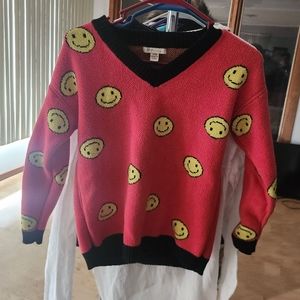 Cozy Casual Red Yellow Smiling Faces‎ V-Neck Knit Sweater SM